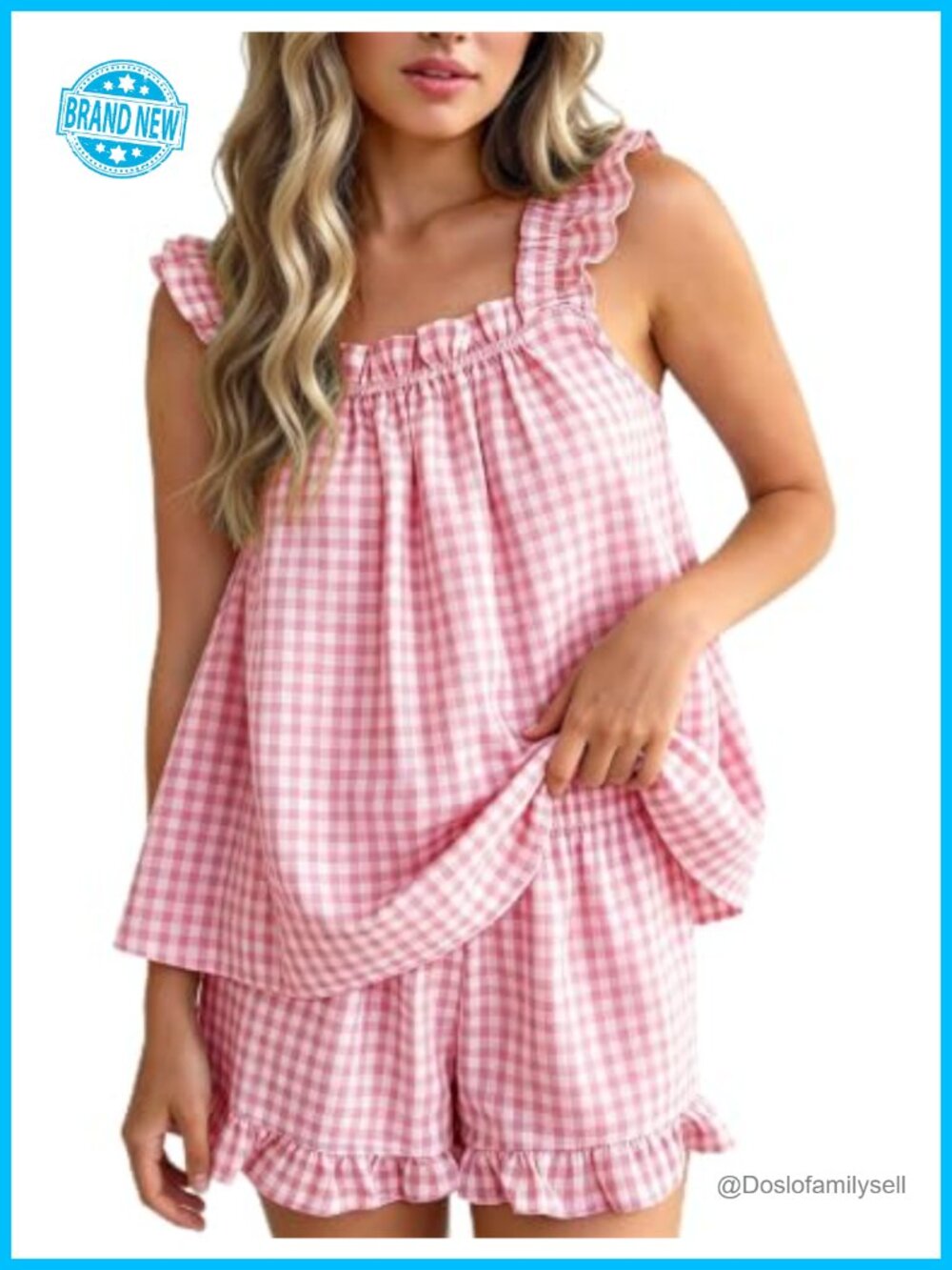 100% Cotton Gingham Pajama Set 2 Piece Ruffle Short Sleeveless Lounge